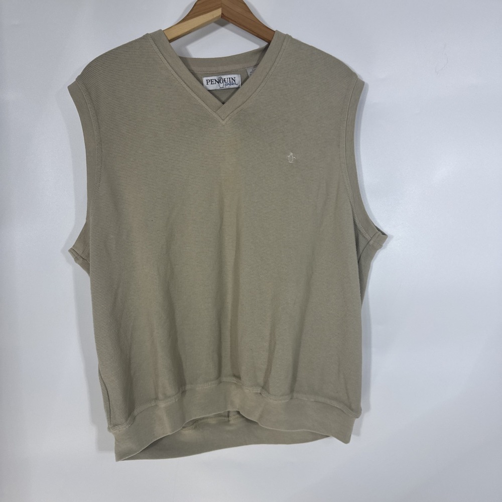 Penguin Sport Mens V-Neck Sweater Vest Tan Khaki Ribbed Cotton Blend Large‎